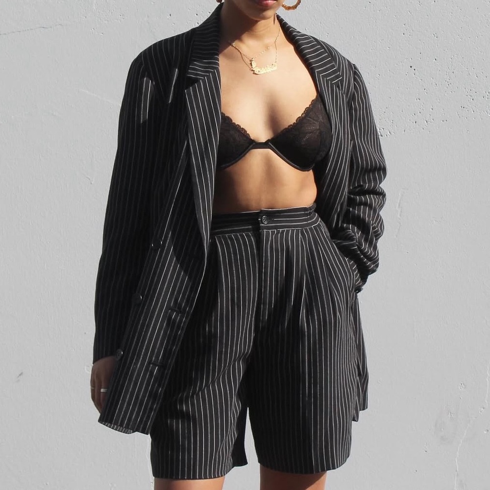 Vintage Black Pinstripe Blazer and Shorts Set